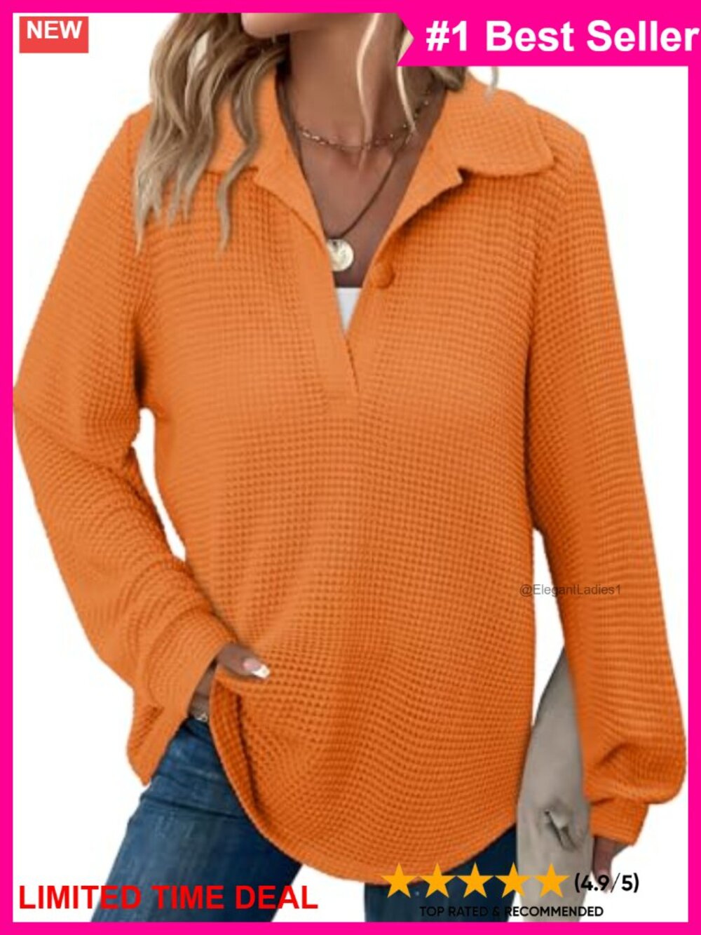 Waffle Knit V-Neck Long Sleeve Tunic Pullover Sweatshirt